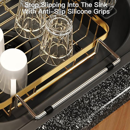 MAJALiS Gold Dish Drying Rack Over The Sink with Utensil Holder, Mat | Expandable Stainless Steel Dish Drainer for Small Kitchen, Apartment, RV, Counter Space Saving, Perfect Fit, Rustproof