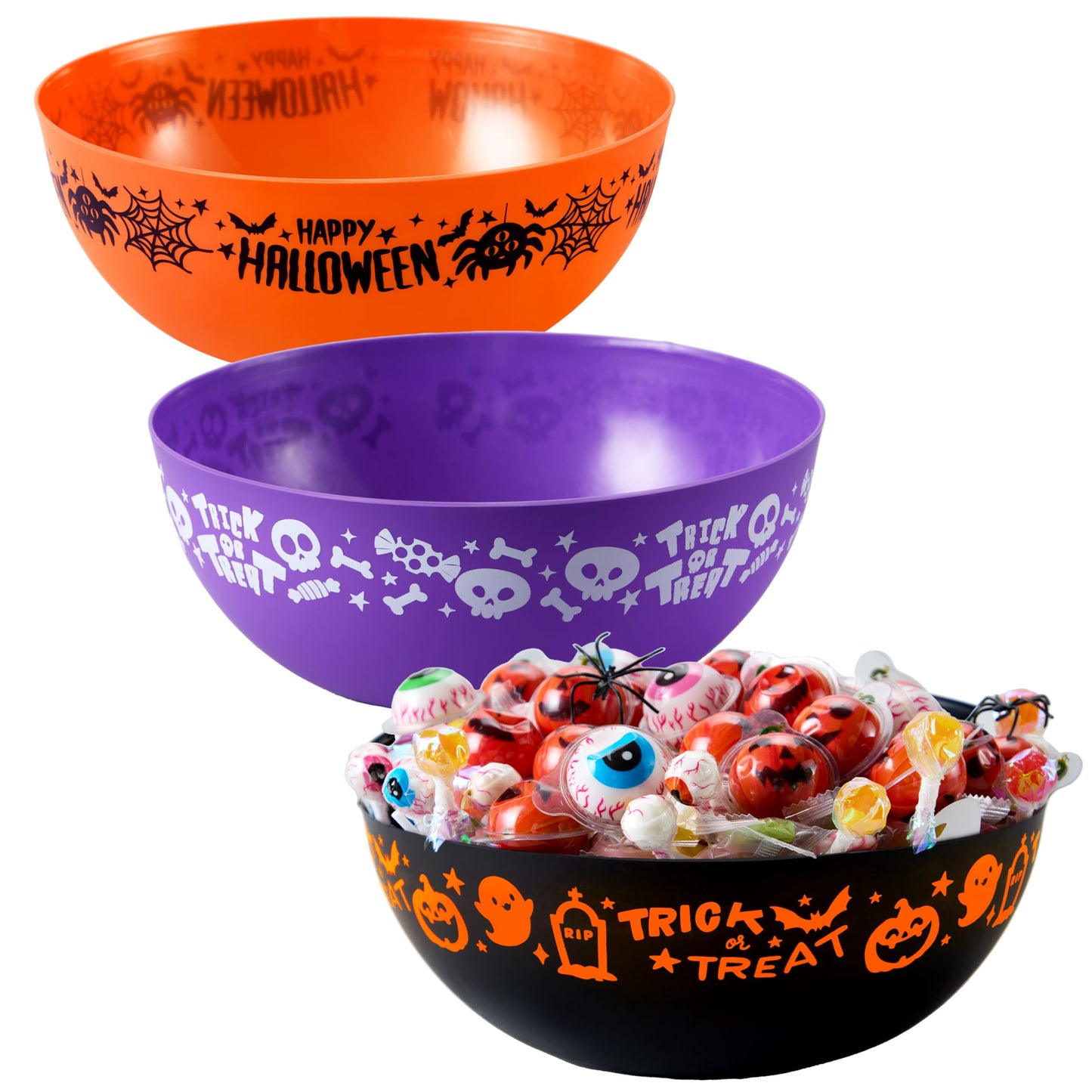 JOYIN 3 PCS Halloween Candy Bowls, 9.6" * 4.4" Trick or Treat Bowls, Plastic Orange Halloween Serving Dish, Purple Witch Cup, Black Pumpkin Candy Holder for Kids Party Favor Supplies, Table Decor