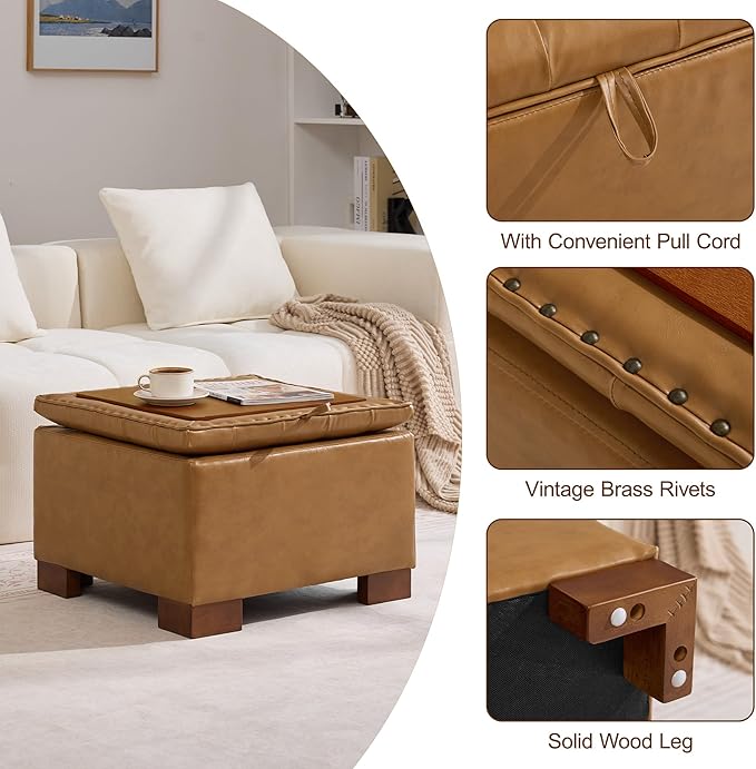 WUTUTUEE 24" Faux Leather Square Storage Ottoman