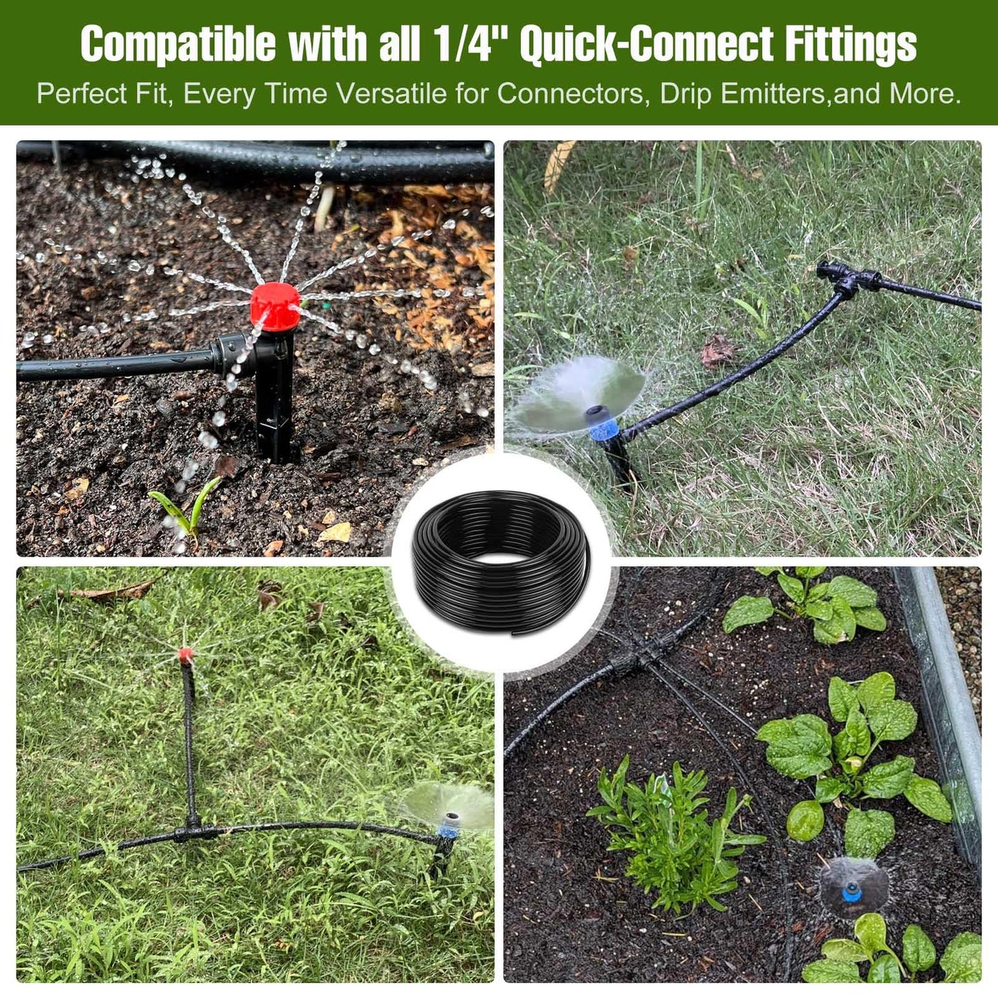 100FT 1/4 Inch Drip Irrigation Tubing with 10 Pack Push-to-Connect 1/4" Tee Connectors, Distribution Drip Line Hose & Universal Tee Fitting, for Drip Irrigation Parts or Drip System and Misting System