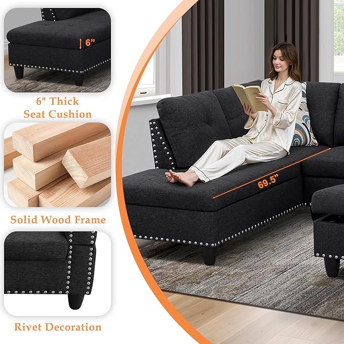 Wakefit Sectional Sofa Couch, Modern 4-Seaters Living Room Furniture Sets