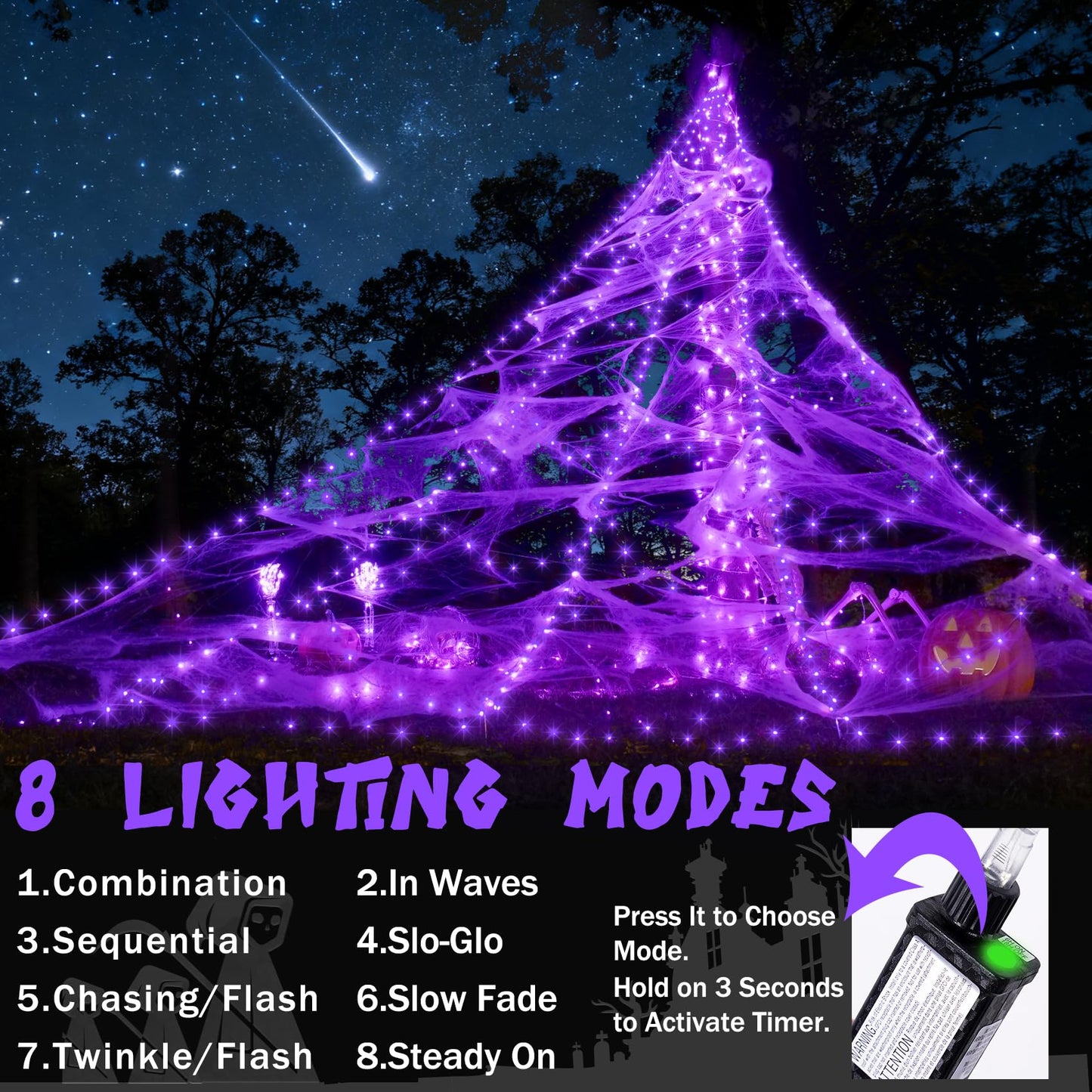 LED Spider Web Lights for Halloween Decorations Outdoor - 616 LEDs, 8 Lighting Modes, 16.4 Ft Light Up Giant Spider Webs (Purple)