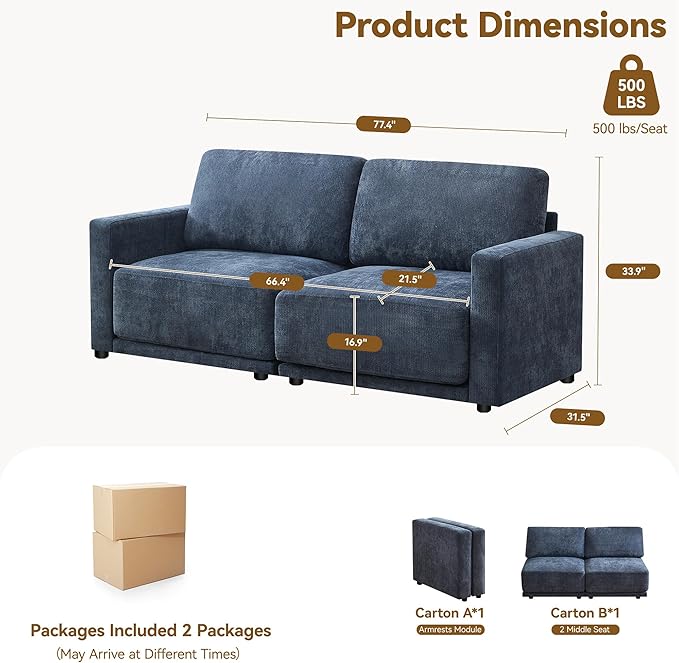 77.4" Chenille Modular Loveseat Oversized Upholstered 2 Seater Sectional Sofa