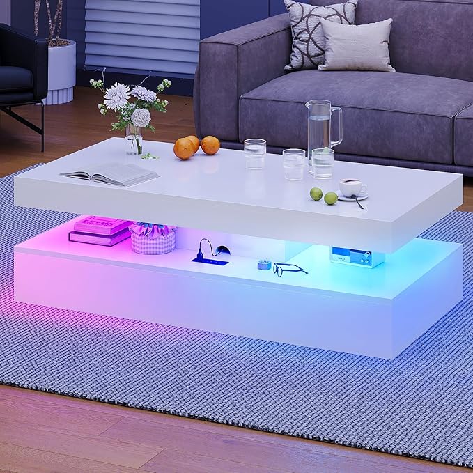47” High-Glossy LED Coffee Table with 2 Sliding Drawers, Living Room Storage Coffee Tables, Modern Stylish Double-Layer Center Tables with LED Lights, White