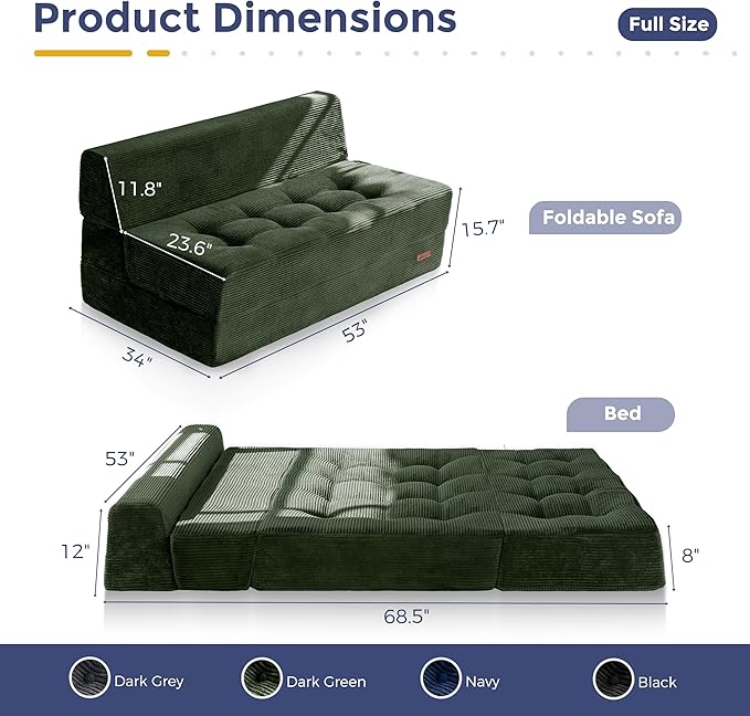 MAXYOYO 8" Folding Sofa Bed, Fold Out Chair Bed Sleeper Chair, Convertible