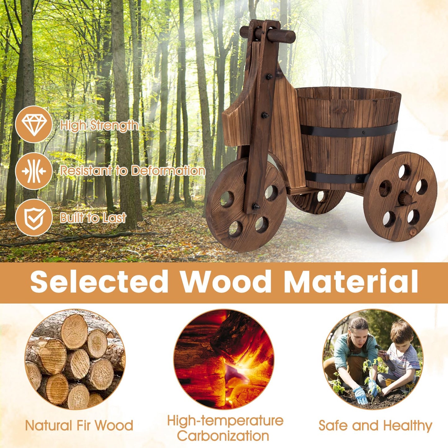 Giantex Wooden Wagon Planter with Wheels, Rustic Wood Plant Stand with 3 Wheels & Drainage Hole for Flowers Herbs Vegetables, Indoor Outdoor Decorative Garden Flower Cart for Patio Backyard (1)