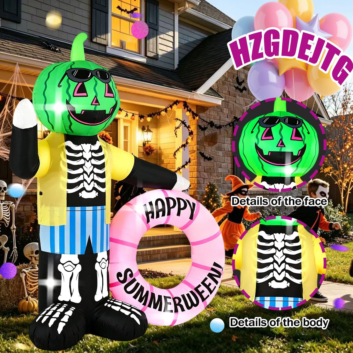 HZGDEJTG 6FT White Ghost Zombie Holding Flower Wreath Outdoor Inflatable Decoration, with Built-in LED Light, Suitable for Halloween Parties, Indoor and Outdoor Lawns, and Party Venues.