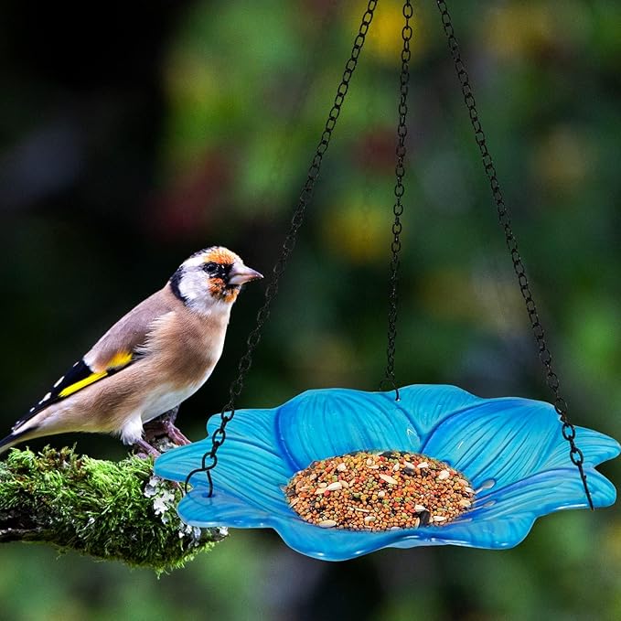 HONGLAND Bird Baths for Outside,10 Inch Small Blue Glass Birdbaths Outdoor,Detachable Bird Feeder with Metal HangingStake for Garden Yard Patio Decor,15" Height