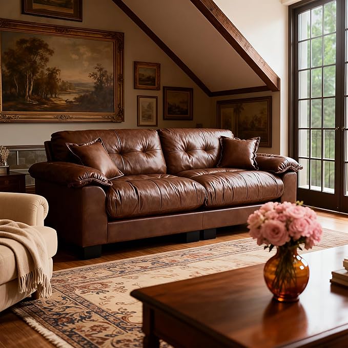 Faux Leather Sofa, Mid Century Modern Deep Loveseats, Comfy Cloud Couch