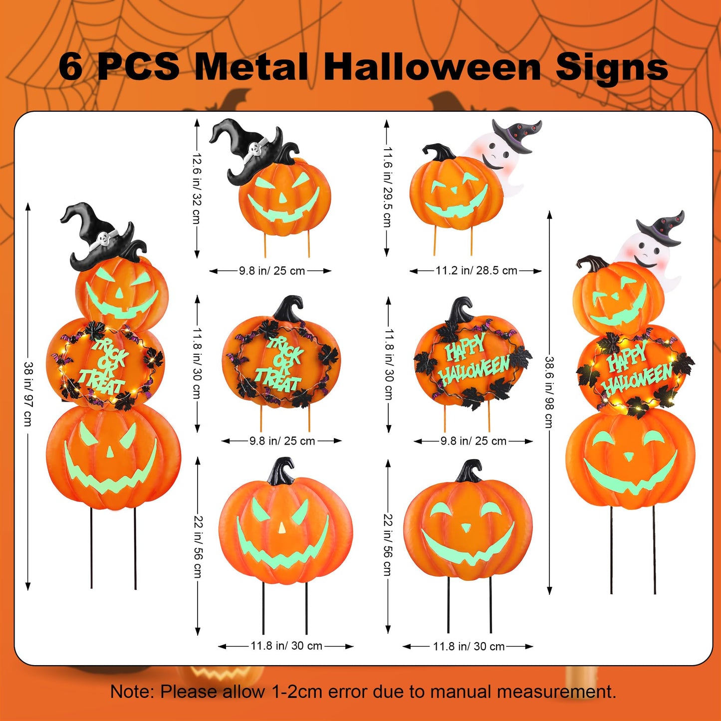 Fovths 6 Pieces 38.2 Inch Metal Halloween Pumpkins Yard Signs with Stakes Waterproof Solar String Lights Pumpkin Ghost Witches Hat Stakes for Halloween Theme Party Outdoor Garden Lawn Decor