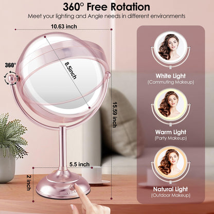 Professional 8.5" Large Lighted Makeup Mirror with Brighter Lights, 1X/10X True HD Magnifying Mirror with 3 Color Dimmable Lights, 90 Shadowless LEDs, 360°Swivel Seamless Vanity Mirror, Pearl Nickel