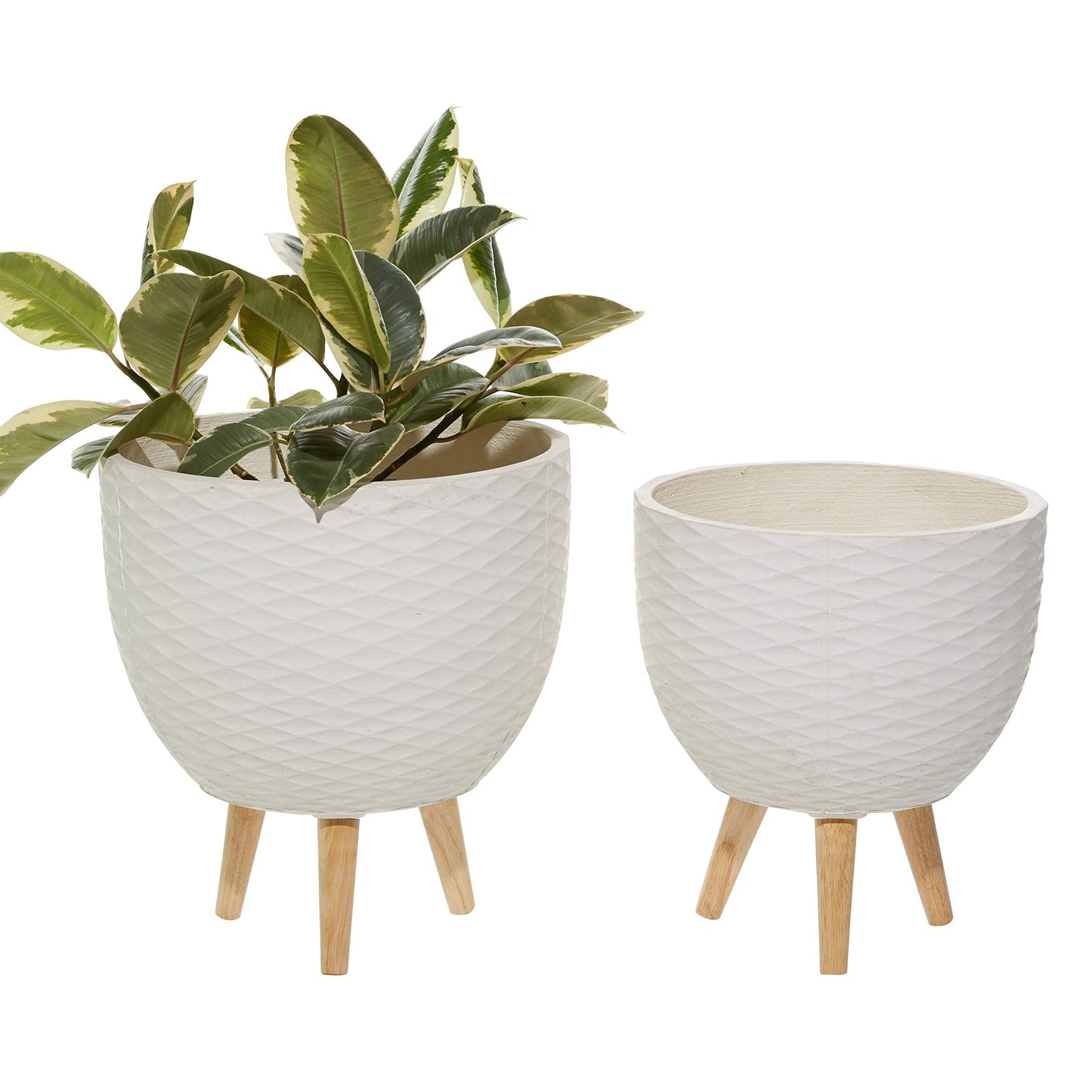Deco 79 Ceramic Geometric Indoor Outdoor Planter Diamond Patterned Large Planter Pot with Wood Tripod Legs, Set of 2 Planters 16", 14"H, White