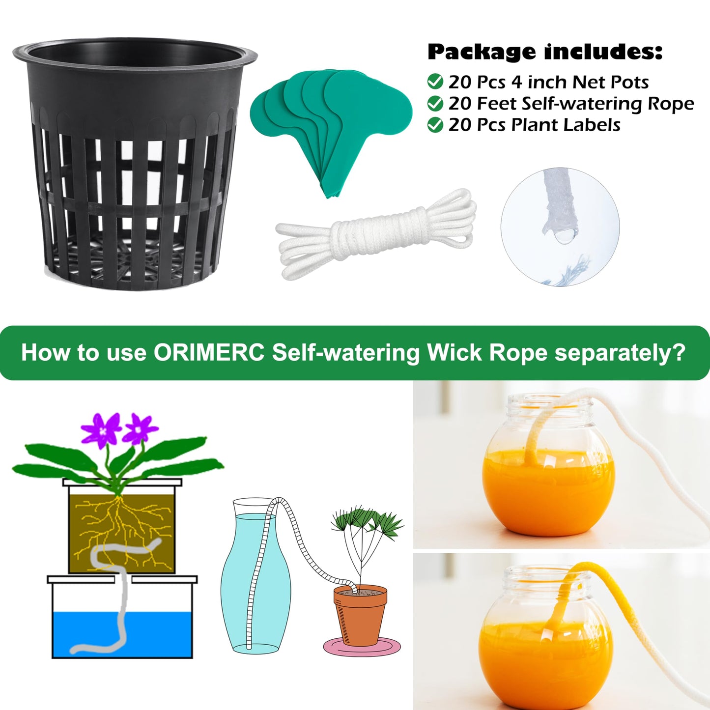 ORIMERC 4 inch Net Pots, 20 Pack Net Cups with 20 feet Self-Watering Rope&Plant Labels, for Hydroponic Aquaponics Kratky Orchid Vegetable Indoor Outdoor Growing Baskets Nursery Slotted Mesh BPA Free