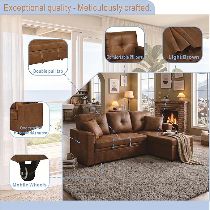 L Shaped Sectional Couch with Storage and Pull Out Bed, 3 Seater Sleeper Sofas