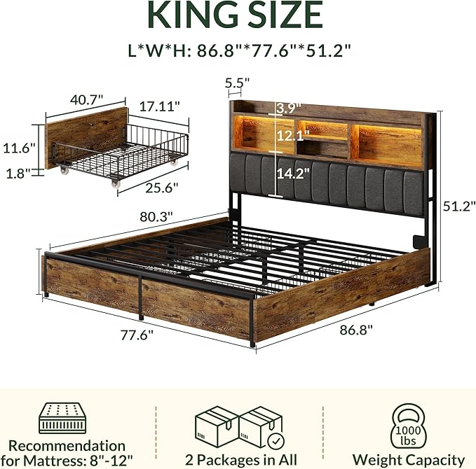 LARMACE King Bed Frame with 6 Storage Drawers, Bed Frame King Size with Linen