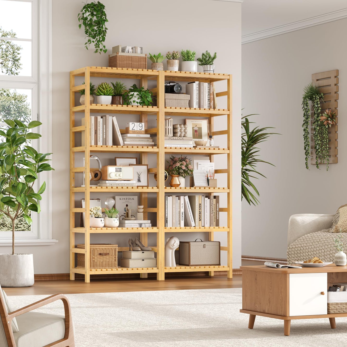 FOTOSOK 6-Tier Bamboo Shelf, Bamboo Bookcase with Adjustable Shelves, Free Standing Storage Shelf Unit, Plant Flower Stand for Kitchen, Bathroom, Home Office, Natural