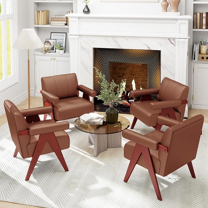 STHOUYN Brown Leather Accent Chairs, Mid Century Modern Chair, Side Arm Chairs