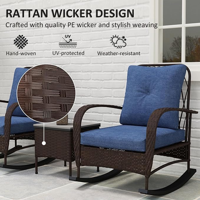Outsunny 3 Piece Wicker Patio Furniture Set, PE Rattan Rocking Chairs