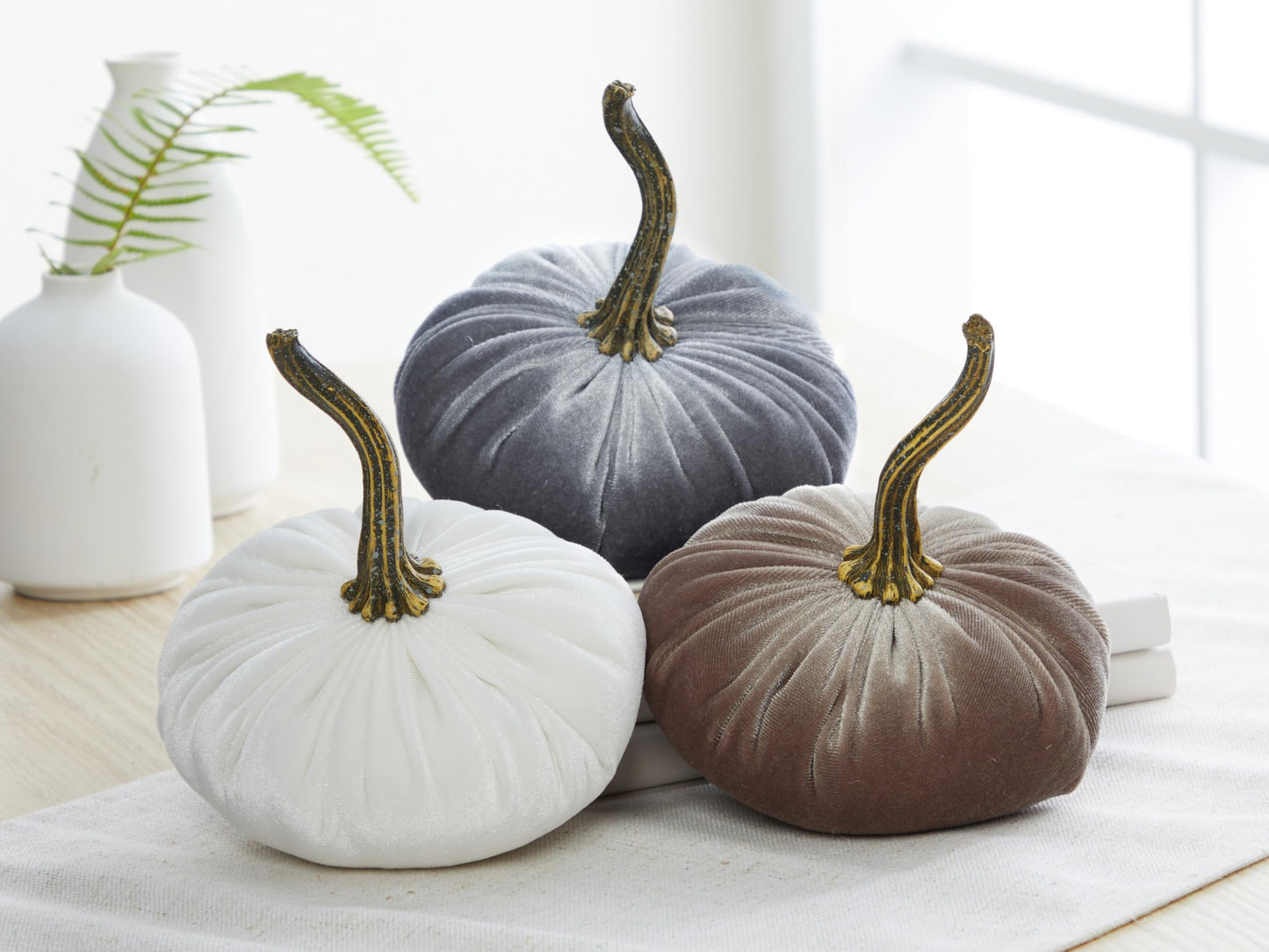 Your Heart's Content Set of 3 Small Velvet Pumpkins, Fall Wedding Centerpiece, Modern Rustic Farmhouse, Mantel Decor, Thanksgiving, Classic Gift (Sm Gray Taupe Ivory)