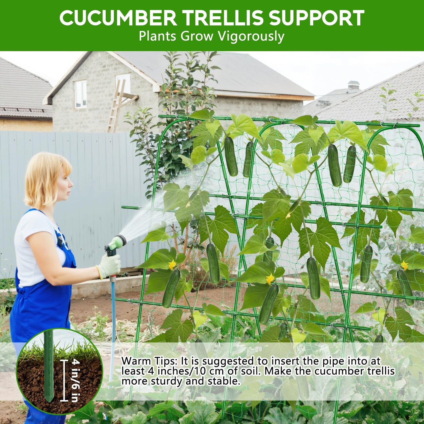 Unves Cucumber Trellis for Raised Bed, 63" x 63" Garden Trellis for Climbing Plants Outdoor, U-Shape Arch Cucumber Trellis Plant Grow Support Frame for Vine, Peas, Bean