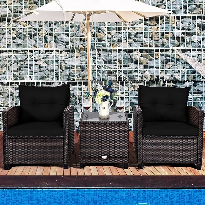 COSTWAY 3PCS Patio Furniture Set, PE Rattan Wicker Sofa w/Washable Cushion and