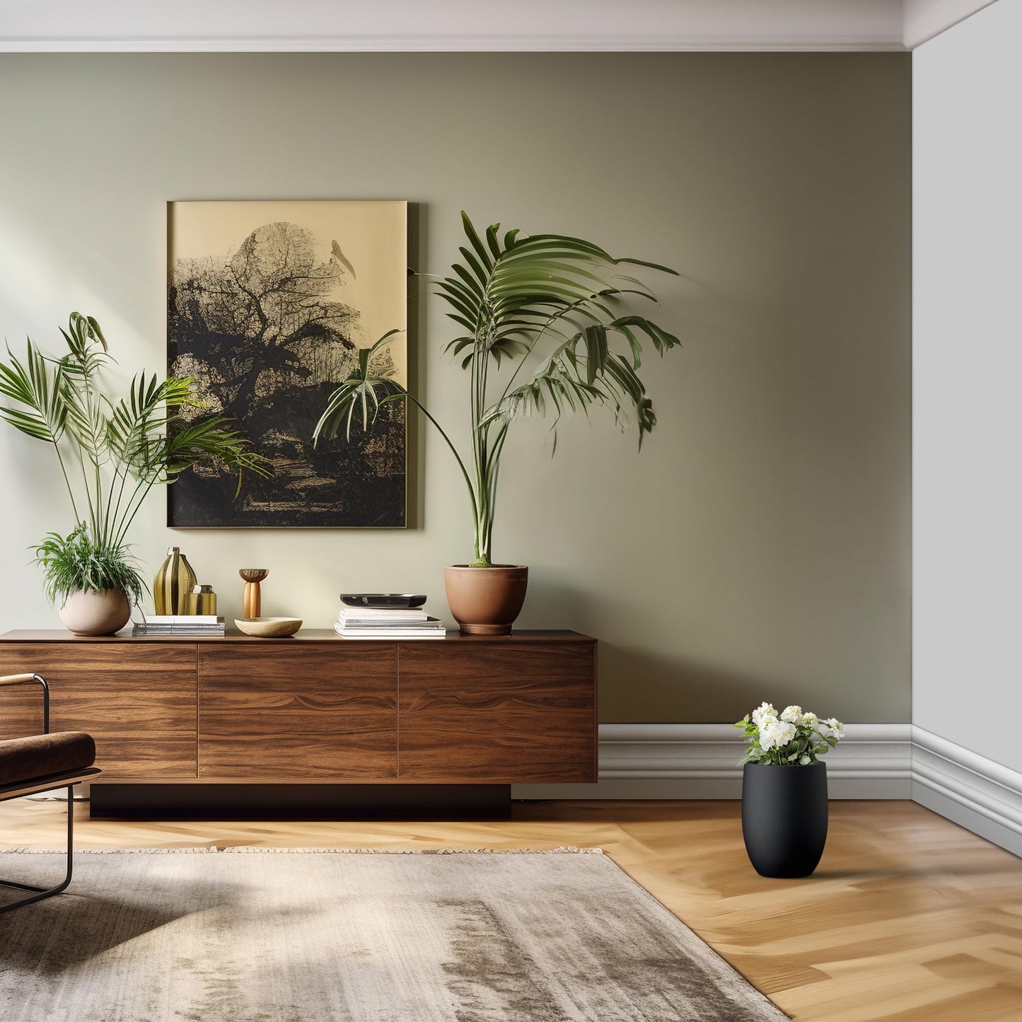 Kante 11.8 Inch Tall Concrete Planter, Large Indoor Outdoor Plant Pot with Drainage, Smooth Black Finish with Painted Interior, Ideal for Porch, Home, Garden, Patio