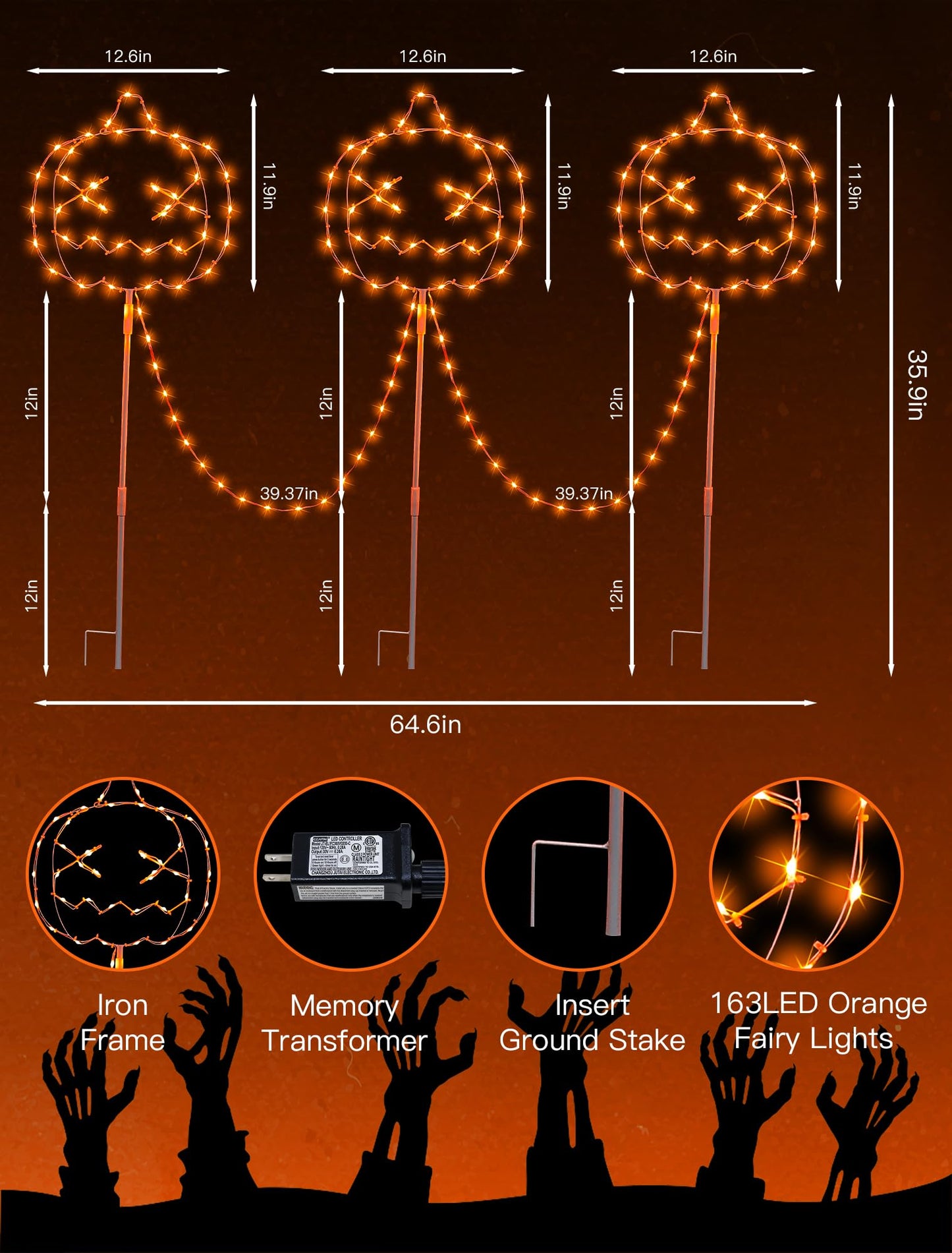 Qunlight Halloween Walkway Lights,163LED Outdoor Pumpkin Decorations Light Plug in,Timer 8 Modes Garden Stake String Lights for Pathway,Fence,Patio,Yard,Party,Halloween Decor-Orange
