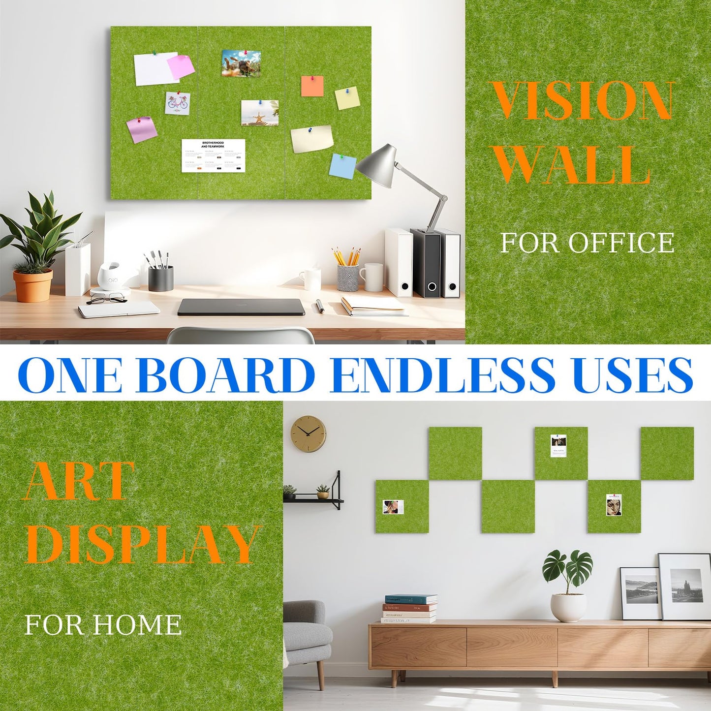 DOLLAR BOSS Felt Cork Board Tiles, 6 Packs 12" x 12" 1/2" Thick Cork Bulletin Board Self Adhesive Corkboards for Walls with 60 Pushpins for Home Office Kitchen School Decor Display, Green