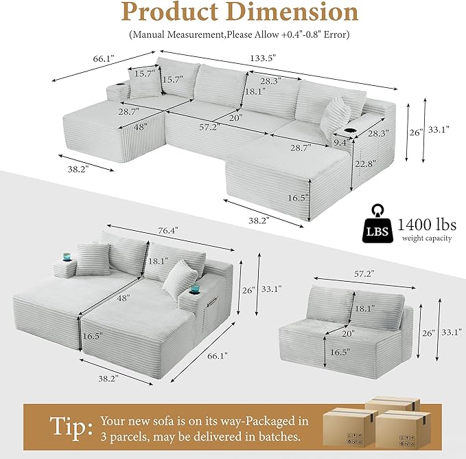 133" Sectional Couches for Living Room Cloud Couch Sofa