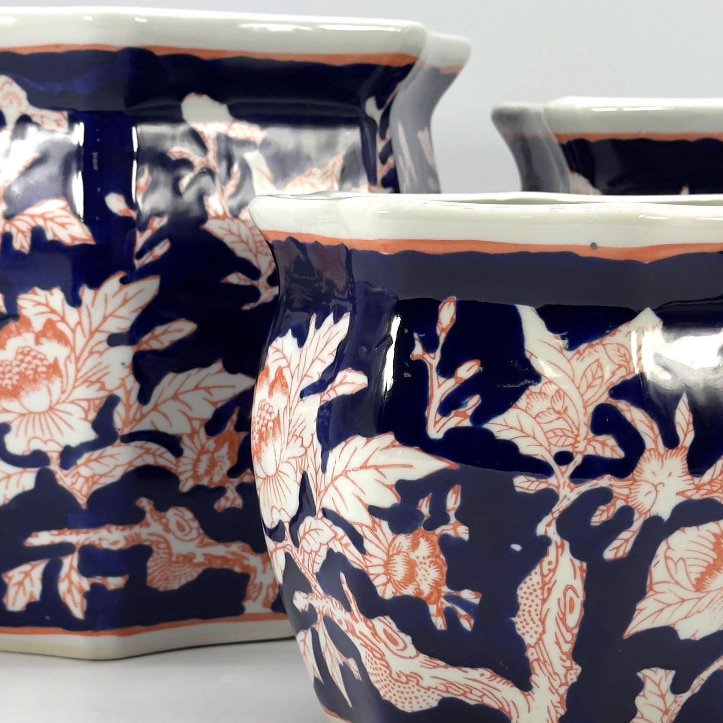 Galt International Blue & Pink Round Fluted Floral Porcelain Ceramic Plant Flower Planter Pot Set of 3 (7.5", 10", 13") Garden Pots Chinese Asian Design
