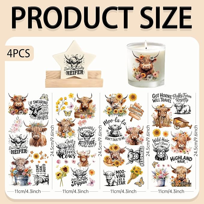 4 Sheets Rub on Transfers for Crafts, Highland Cattle Furniture Transfers for
