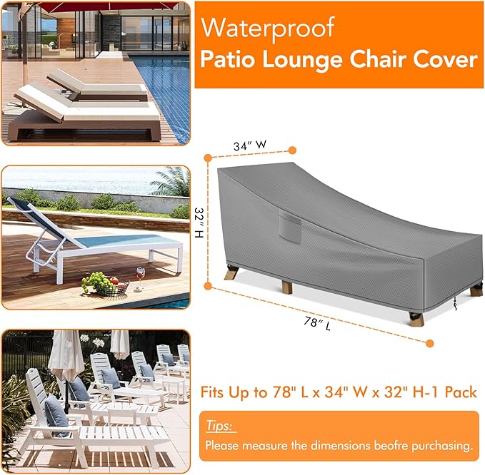 WLEAFJ Patio Chaise Lounge Cover Waterproof, Heavy Duty Outdoor Lounge Chair