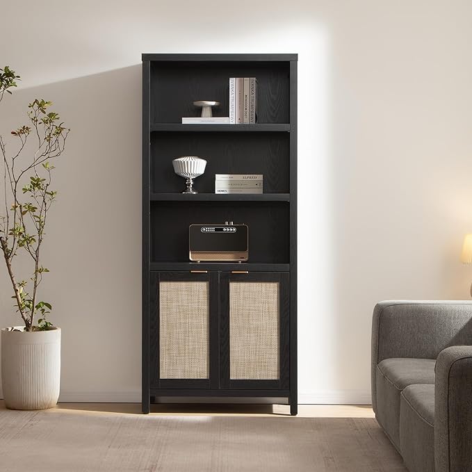 SICOTAS Bookcase 71" Tall Bookshelf 5 Tier Rattan Boho Bookcase