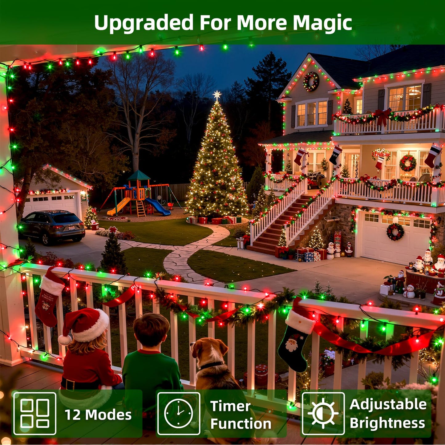 300LED Chrstmas Lights, 75ft Indoor Outdoor Christmas String Lights with 12 Modes, Red & Green ChristmasTree Lights with Timer Dimmable Connectable for Fence Garden Wedding Party Decor Red & Green