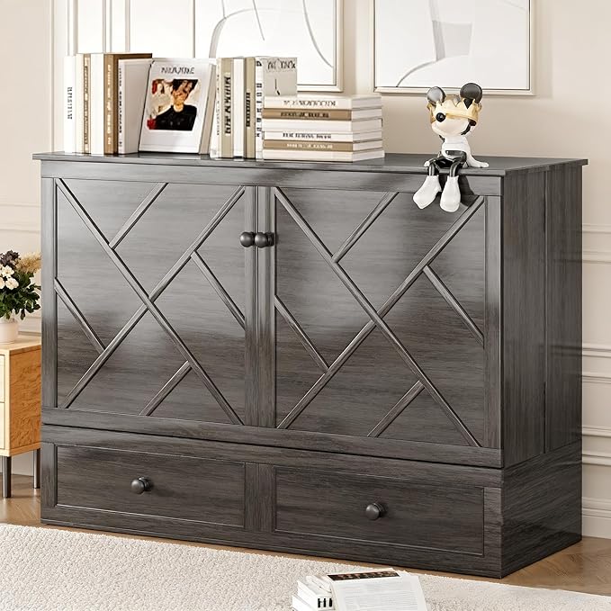 Mjkone Murphy Cabinet Bed Queen Size, Solid Wood Mobile Wall Beds Chest