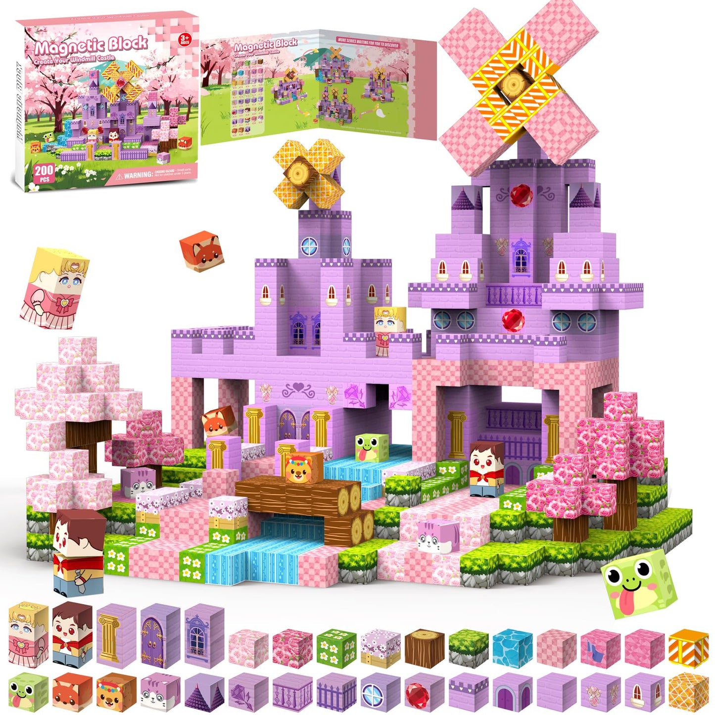 Gryxpox 200 PCS 0.8in Magnetic Blocks, Magnetic Building Cubes, Build Pink Castle World Set,Stacking Magnets, STEM Sensory Toys for Ages 3+ Toddlers Kids Girl Boys Easter Birthday Gifts