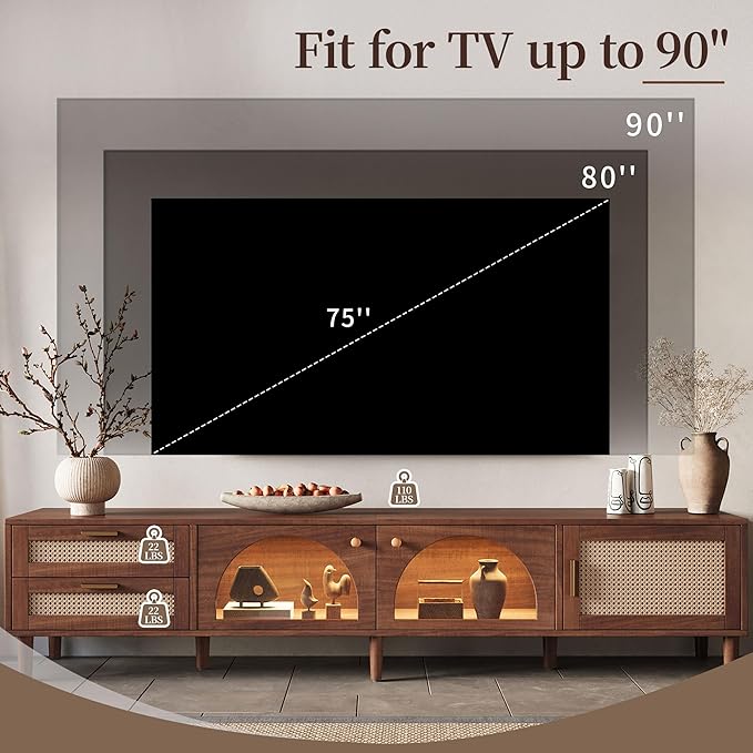 Merax Rattan TV Stand with LED Lights, Solid Wood Feet, Living Room, Bedroom