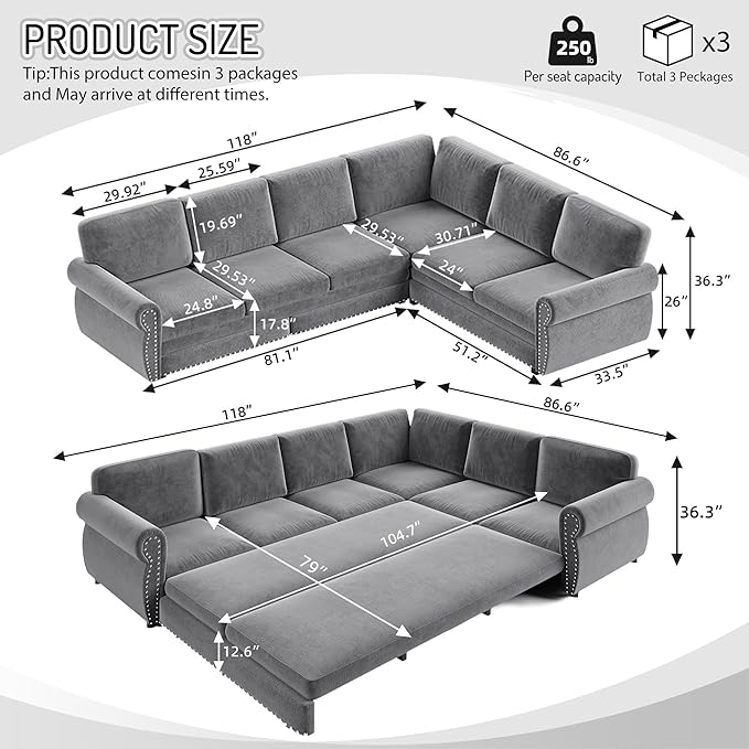 118" L-Shaped Sleeper Couch Bed