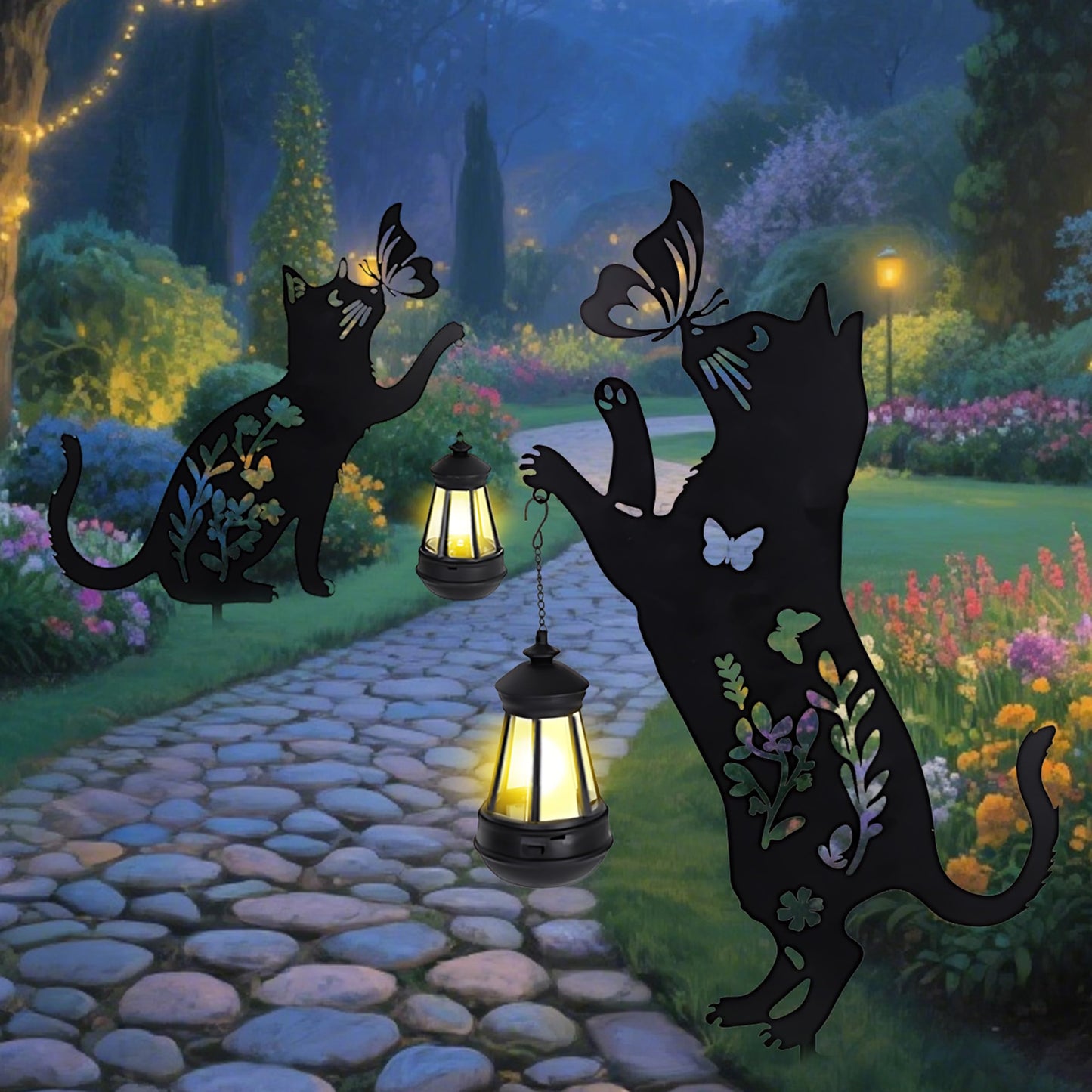 Cat Solar Lights Outdoor Garden, 2 pcs Lantern Stakes Decorative Black Ornament with Butterfly,Metal Garden Decor Art for Outside Lawn Yard Patio, Cat Yard Art Gifts for Halloween,Christmas