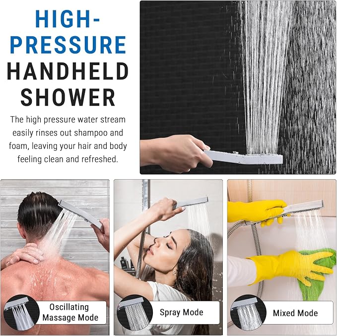 G-Promise All Metal 16 Inch Rain Shower Head with Massage Mode Handheld Spray Combo, 3-Way Diverter with Pause Setting, Full Body Coverage, Modern Bathroom Upgrade (Chrome)