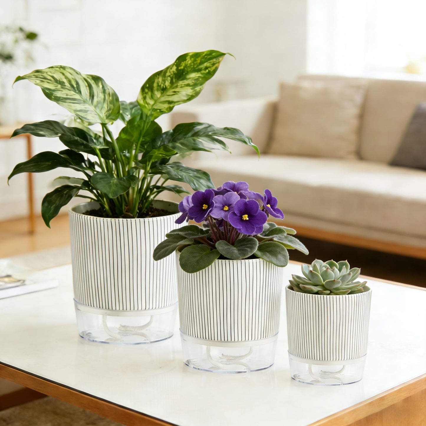XKYQSY 3 Pack 4.3+5.5+6.3 Inch Self Watering Pots Set, Self Watering Planter with Reservoir and Wick Rope for Indoor/Outdoor Plants, Modern Houseplants Pots for African Violets,Cactus,Succulents