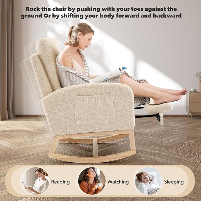 Nursery Rocking Chair with Foot Rest, High Back Upholstered Glider Rocker Chair