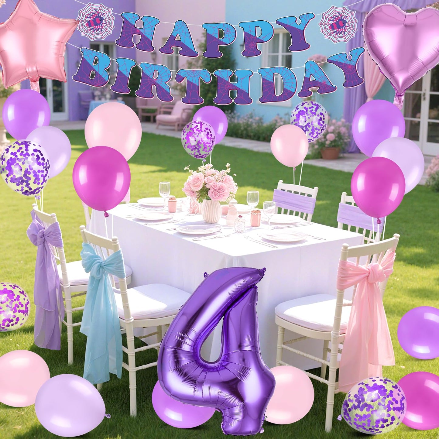 37pcs Ghost Spider 4th Birthday Decorations-Purple Number 4 Balloon,Happy Birthday Banner,Pink/Purple Balloons,Ghost Spider Theme Birthday Decor for 4 Year Old Girl Friends HB Party
