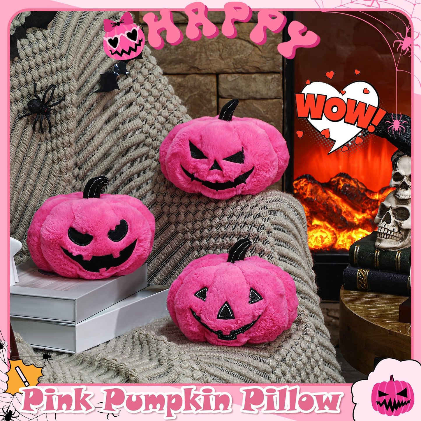Yuntau 3 Pcs Halloween Pink Pumpkin Pillows Ghost Plush Stuffed Pumpkin Sofa Throw Pillow Cushion for Halloween Home Car Bedroom Sofa Decor 7.87 Inch