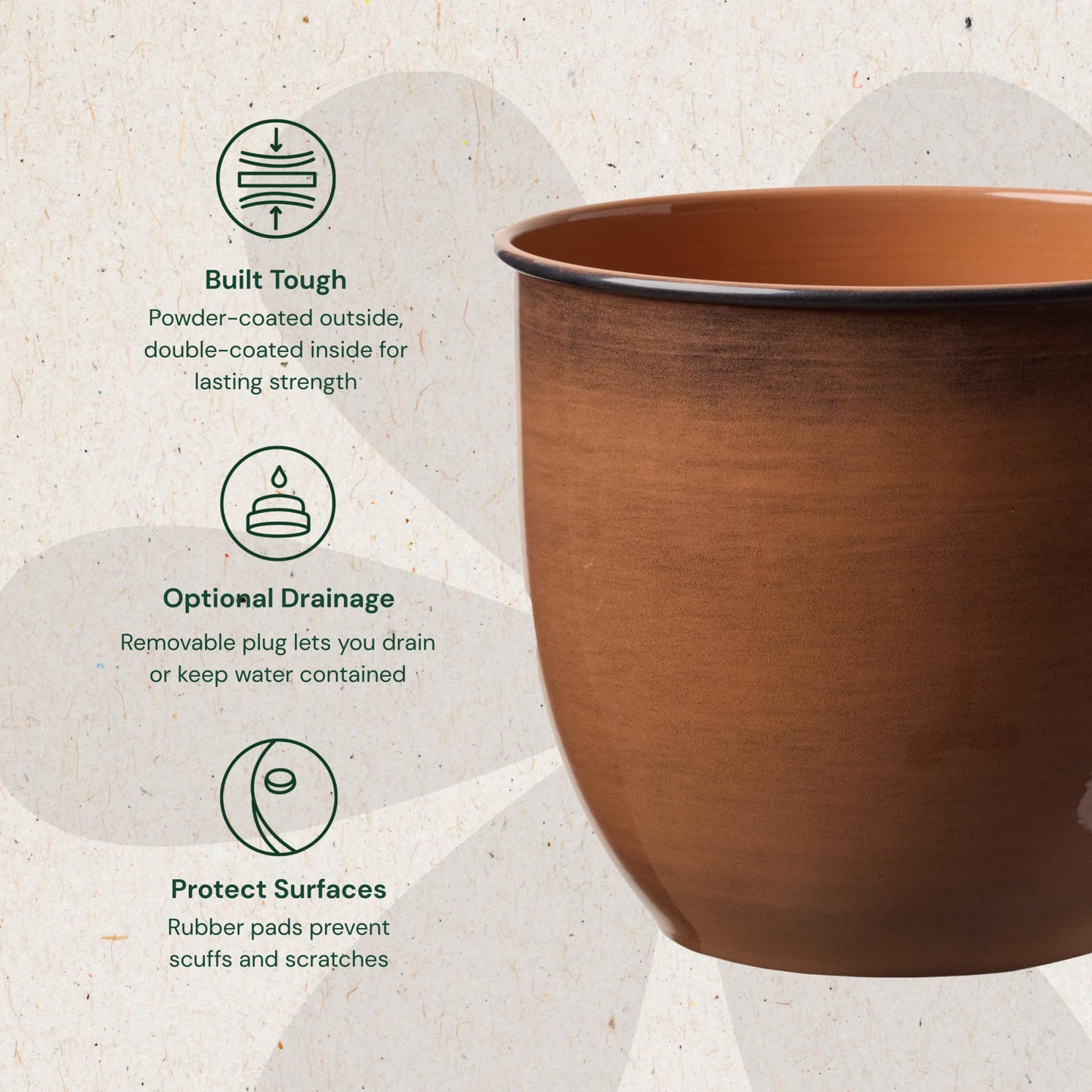 Bloem Canyon 8" Terra Cotta Orange Round Metal Gloss Planter Cachepot with Removable Drain Plug