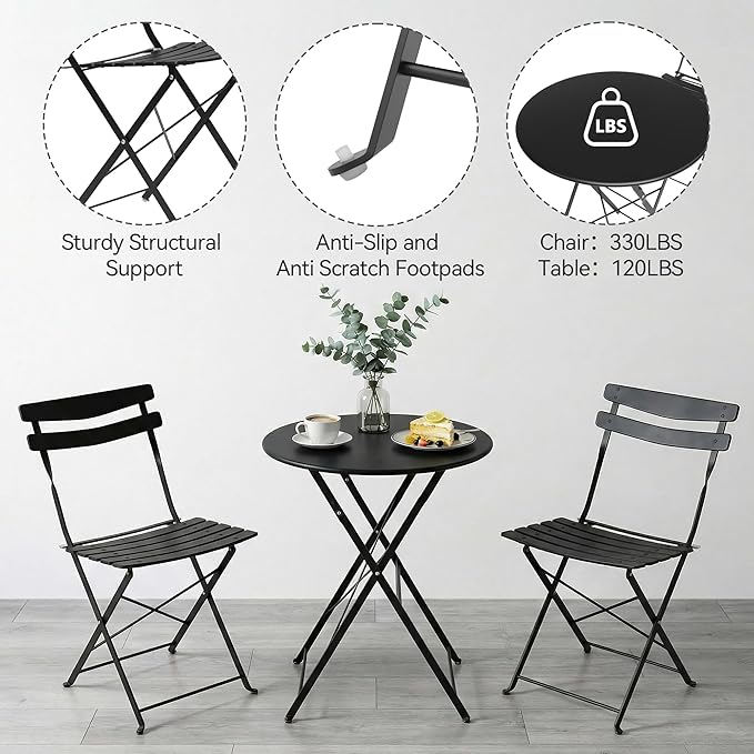 GarveeLife 3 Piece Patio Bistro Set, Folding Patio Bistro Table and Chairs Set