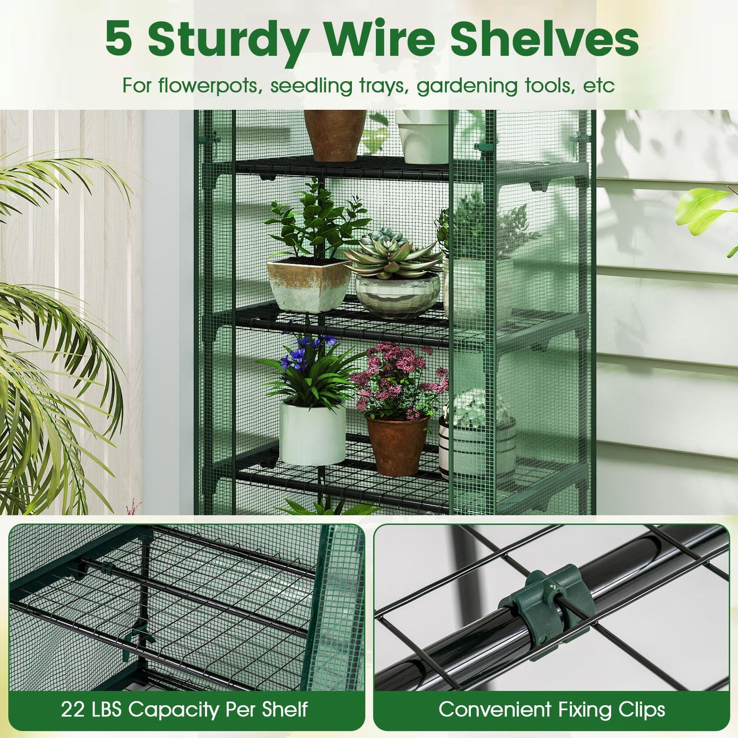 Giantex Mini Greenhouse Indoor Outdoor, 27" x 19" x 75" Portable Plant Grow House with 5 Tier Shelves, PE Cover, Roll-Up Zipper Door, Rustproof Elector-Coating Metal Frame for Patio Balcony Garden
