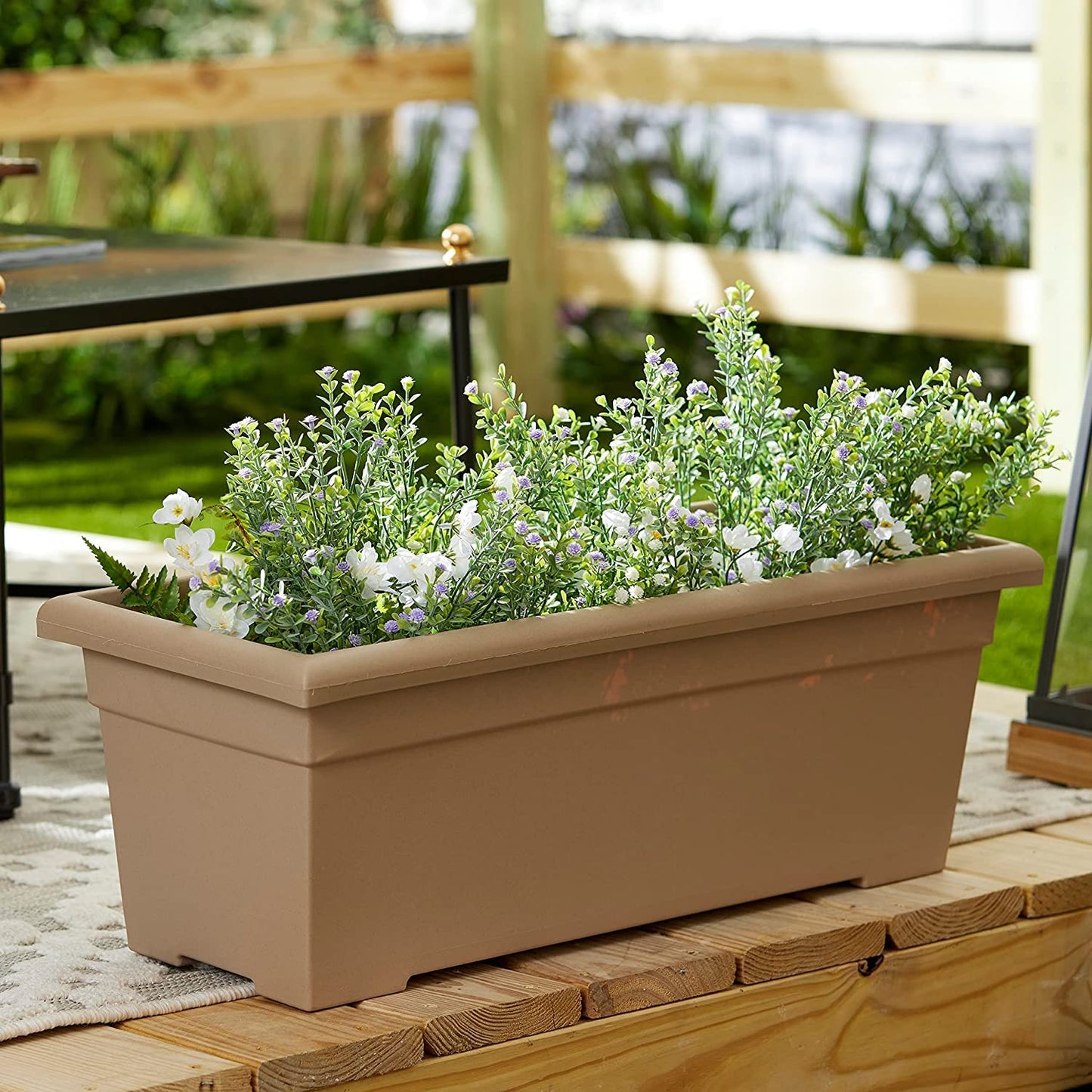 The HC Companies 28 Inch Romana Planter Box with Drainage Plug, Lightweight UV-Resistant Plastic Outdoor Planters, 1-Pack Flower Box for Garden, Patio, Balcony, and Fence, Cappuccino