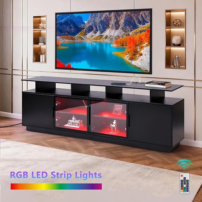 70 Inch Black TV Stand for Living Room, LED Entertainment Center for Gaming