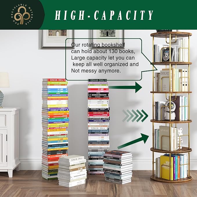 5Tier Rotating Bookshelf, 360 ° Display Stackable Spinning Bookshelf Tower